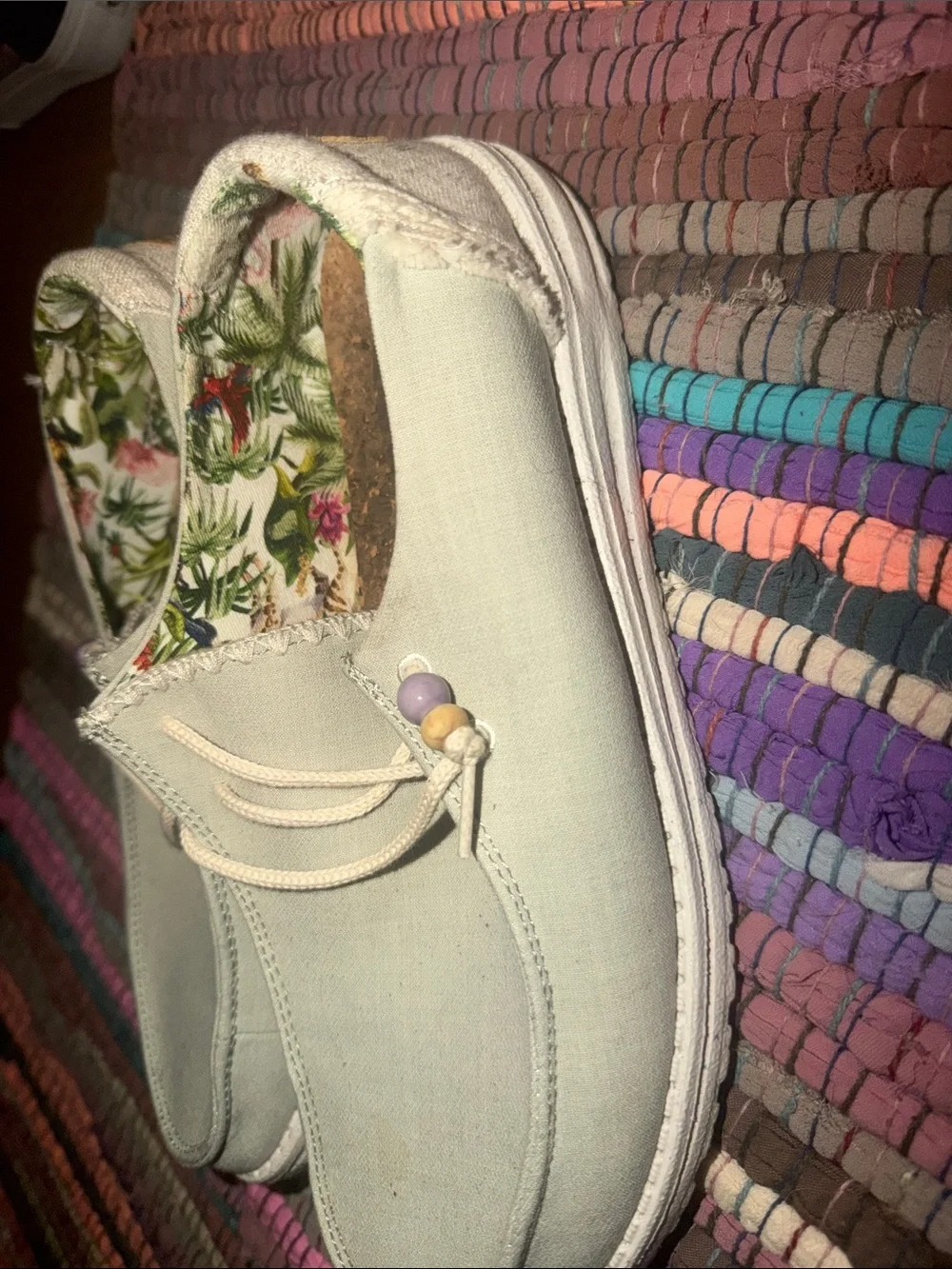 Hey Dude Men's Light Beige Canvas Boat Shoes with Floral Lining